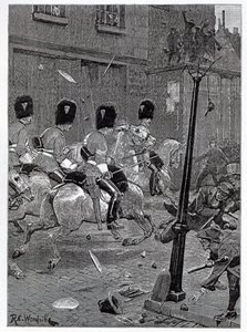 The Irish Land League Agitation: Scots Greys charging the mob at Limerick, illustration from 